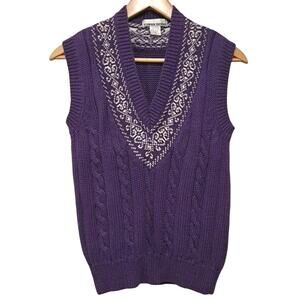 VTG 90s Cara Soho Sweater Vest Womens S Purple Cable Knit V-Neck Preppy Tennis